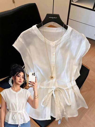 GlowEve CURVE Áo kiểu nữ thanh lịch, tối giản, màu trắng, không tay, cài cúc đơn, thắt eo, dáng ôm, đa năng và sang trọng, cỡ lớn, mùa hè.