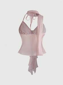 ROMWE Áo hai dây nữ kiểu dáng gợi cảm thập niên 2000, chất liệu chiffon chấm bi in họa tiết toàn thân, cổ bèo nhún. - Hồng - Xem 2