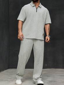 Manfinity Homme Setelan Kasual Pria Ukuran Besar: Kemeja Polo Lengan Pendek Warna Polos dan Celana Panjang - Grey - View 5