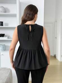 SHEIN LUNE Plus Size Women Versatile Solid Color Ruffle Hem Blouse Day Black Summer Casual - Black - View 3