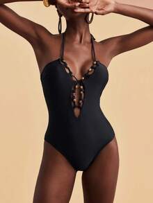 Travachic Baju Renang Terusan Wanita Model Halter dengan Hiasan Manik-Manik untuk Liburan - Hitam - View 3