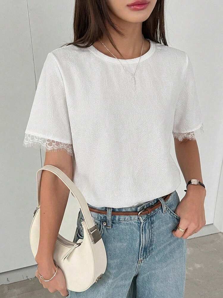 Women's Summer Round Neck Short Sleeve Lace Patchwork Casual Pullover T-Shirt
