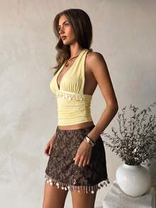 Aloruh Women's Deep V-Neck Fitted Pendant Decorated Camisole, Autumn/Winter,Summer Top - Light Yellow - View 4