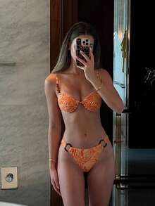 ampado floral de conchas naranjas con decoración de cuentas, Bottom de traje de baño con decoración de anillo lateral, conjunto de bikini de moda y sexy para playa/piscina/deportes acuáticos - Amarillo - Ver 9