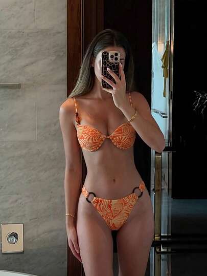 Lumalex New Spring Summer Luxury Two Piece Bikini Set 2pcs Orange Seashell Floral Print Spaghetti Strap Backless Swimsuit Top With Beaded Decor, Swimsuit Bottom With Side Ring Decor, Fashionable Sexy Beach/Pool/Water Sports Bikini Set, Women's Summer New Bikini Set, Women's Bikini Sexy Party Music Festival Women's Swimwear, Elegant, Romantic Lace Bikini Women's Beach Outfit, Women's Holiday Outfit Beach Outfits For Women Beach Set, Summer Holiday Outfits, Beach Outfit For Women, Carnival Women Look 2026, Party Outfits, Valentine's Day Ideas, Romantic Valentine Vibes, Neo Girly Mood, Boho Casual Vibes, Quiet Luxury Style, Business Chic, Beach Weekend, Vacay Vibes, Elegant Outfit, Beach Outfits, Sea Side, Partywear Guidelines Beach Vacation Outfits For