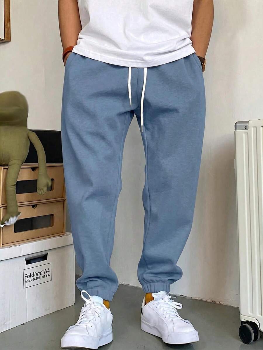 Manfinity Homme Men's Solid Color Drawstring Waist Pocket Casual Sweatpants - Baby Blue - View 1