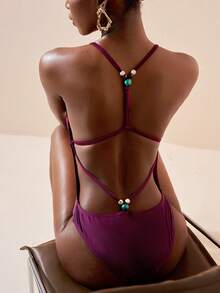 Zivah Elegant One-Piece Swimsuit With Beaded Backless Design,Purple Summer Boho Beach Holiday,Holiday Pool Party,Dark Purple Anti-Exposure Design Swimwear - Purple - View 5