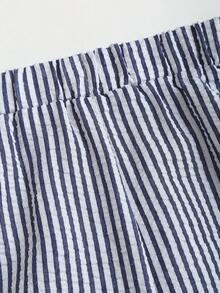 Sweetra 春夏时尚套装，法式甜美花瓣袖条纹衬衫和宽松直筒裤女式两件套 - 藏蓝色 - 查看 6