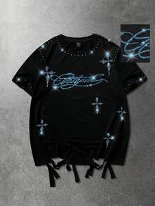 ROMWE MEN Goth Men's Street American Cross Rhinestone Distressed Hem Short Sleeve T-Shirt - Black - View 6