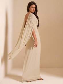 SHEIN BAE Summer Women's Elegant Beige Maxi Dress,Solid Color Apricot Ribbon Fitted Date Wedding Bridesmaid Prom Birthday Dining Party Dress,Summer - Apricot - View 1