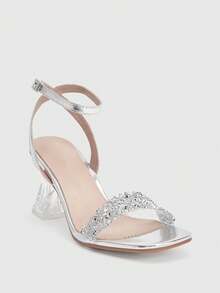 Glitzique Nuevas llegadas Primavera/Verano 2024 Sandalias de mujer con tacón grueso, decoración de cristales y tira en el tobillo, con tacón de cristal, perfectas para la playa, fiestas, bodas, uso interior y exterior en San Valentín - Plateado - Ver 2