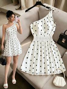 Franclia Vestido mini elegante de mujer con lazo de contraste, encaje asimétrico en los hombros - Blanco y Negro - Ver 1