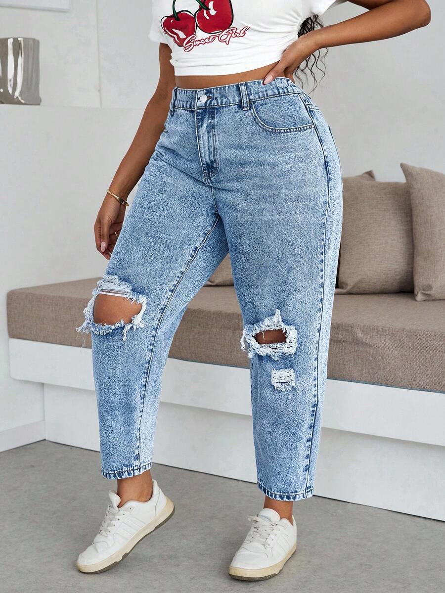Dripcurv Quần jeans nữ cỡ lớn cạp cao, có túi, kiểu dáng thường ngày, rách nhẹ. - Rửa nhẹ - Xem 1