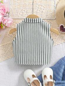 SHEIN Young Girl Woven Striped Cropped Casual Shirt - Green - View 4