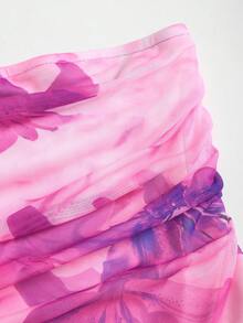 Sweetra Vestido tubo con estampado floral, fruncido, parches y volantes en el bajo para mujer - Rojo violeta - Ver 3