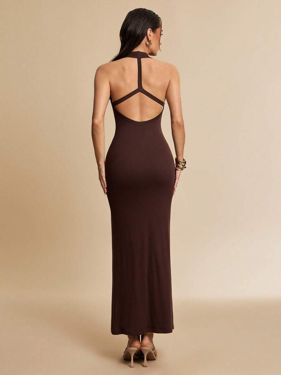 Silquee Vestido de mujer de unicolor con escote halter y espalda descubierta - Marrón - Ver 1