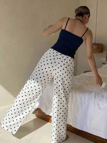 DAZY Women's Solid Color Comfortable Top And Polka Dot Print Casual Lounge Pants Pajama Set Summer - Black - View 2