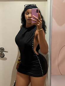 StreetHx Women's Metal Decor Backless Mini Dress,Afro Fashion Outfits, Black Dress - Black - View 5