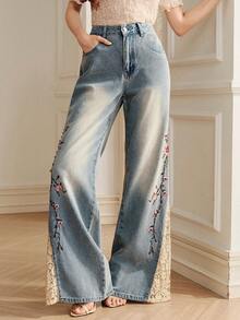 Anewsta Jeans de campana con encaje de contraste bordado de lujo para mujer, estilo de vacaciones - Azul - Ver 2