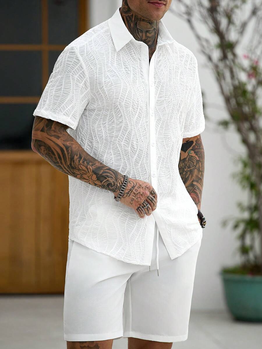 Manfinity CasualCool Men's Casual Holiday Patchwork Textured Short Sleeve Shirt And Shorts Set - Yellow - View 1