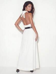Femmeiva Vestido longo branco transpassado com decote nas costas e cinto, elegante vestido feminino. - Branco - Ver 2