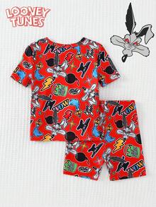 LOONEY TUNES X SHEIN GraphicGems 2件套春夏男婴卡通印花短袖T恤和短裤针织弹力面料紧身舒适家居服套装 - 紅色 - 查看 5