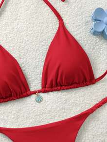 Soleia Women's Solid Color Swimwear Set For Vacation & Beach - Red - View 5