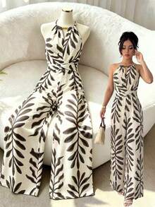 SHEIN LUNE CURVE جمبسوت قفزة مطبوعة بورق الشجر بتصميم الحلقة للحجم الكبير للعطلات الصيفية - متعدد الألوان - مشاهدة 1