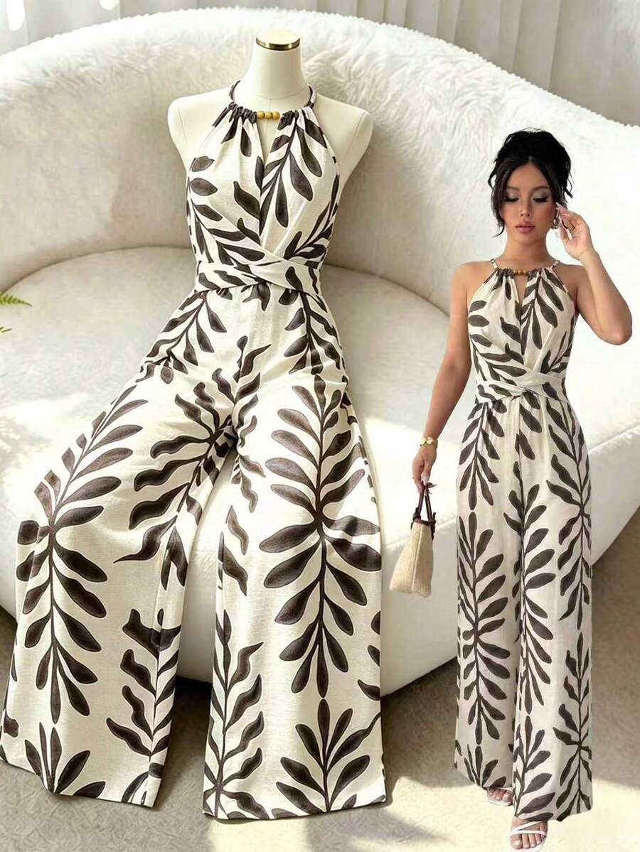 SHEIN LUNE CURVE جمبسوت قفزة مطبوعة بورق الشجر بتصميم الحلقة للحجم الكبير للعطلات الصيفية - متعدد الألوان - مشاهدة 1