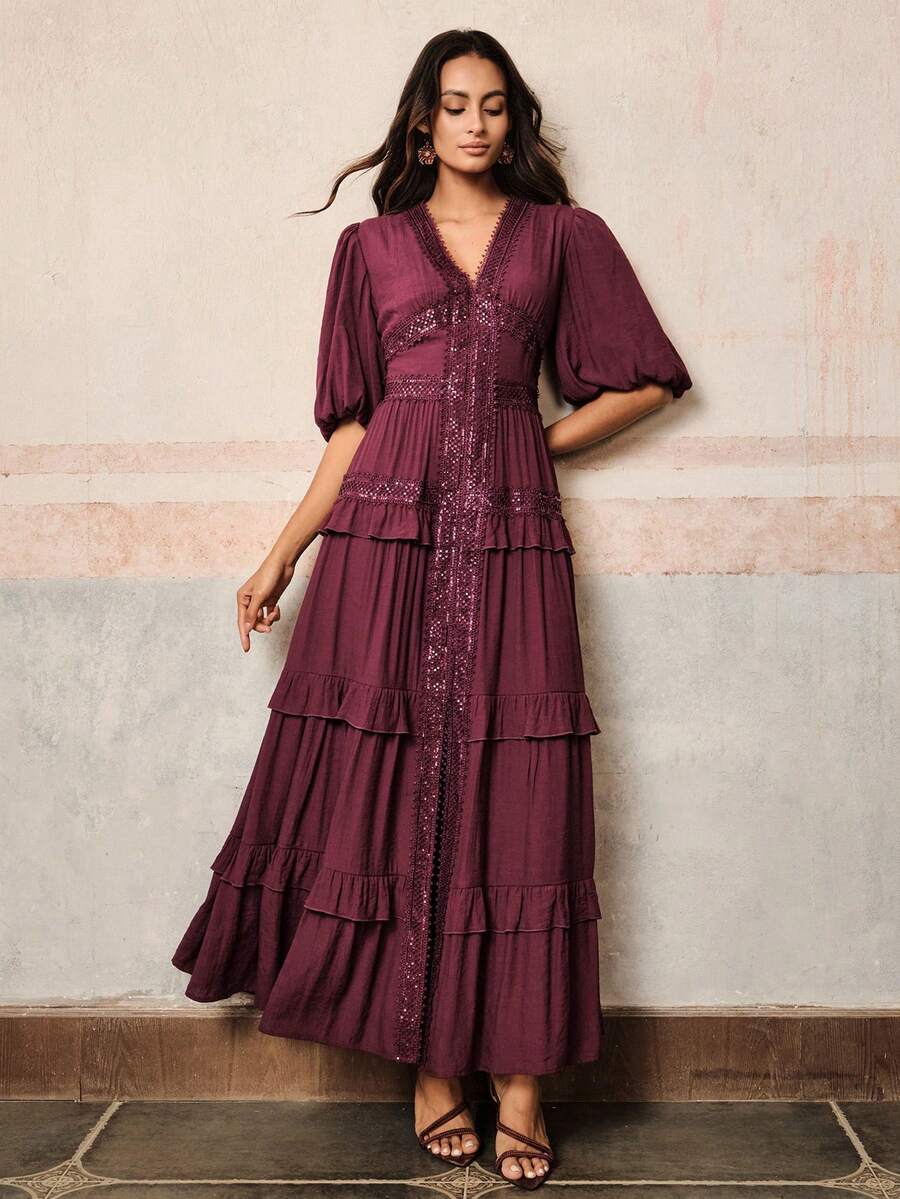 Anewsta Đầm ren đính sequin cổ chữ V màu tím đậm, kiểu dáng nghỉ mát. - Màu tím - Xem 1