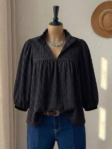 Rusticease Casual Versatile Plus Size Women's Printed Lantern Sleeve Solid Color Textured Comfortable Black Loose Blouse, Suitable For Summer, Spring Fall - Black - View 6