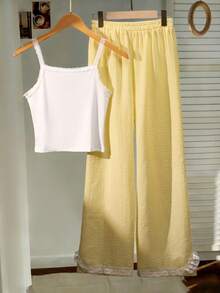 SHEIN Conjunto de 2 piezas de verano de lino amarillo para adolescentes: Camiseta sin mangas con adorno de encaje + Pantalones anchos de cintura alta, un conjunto casual y fresco, un imprescindible versátil y de moda - Multicolor - Ver 7