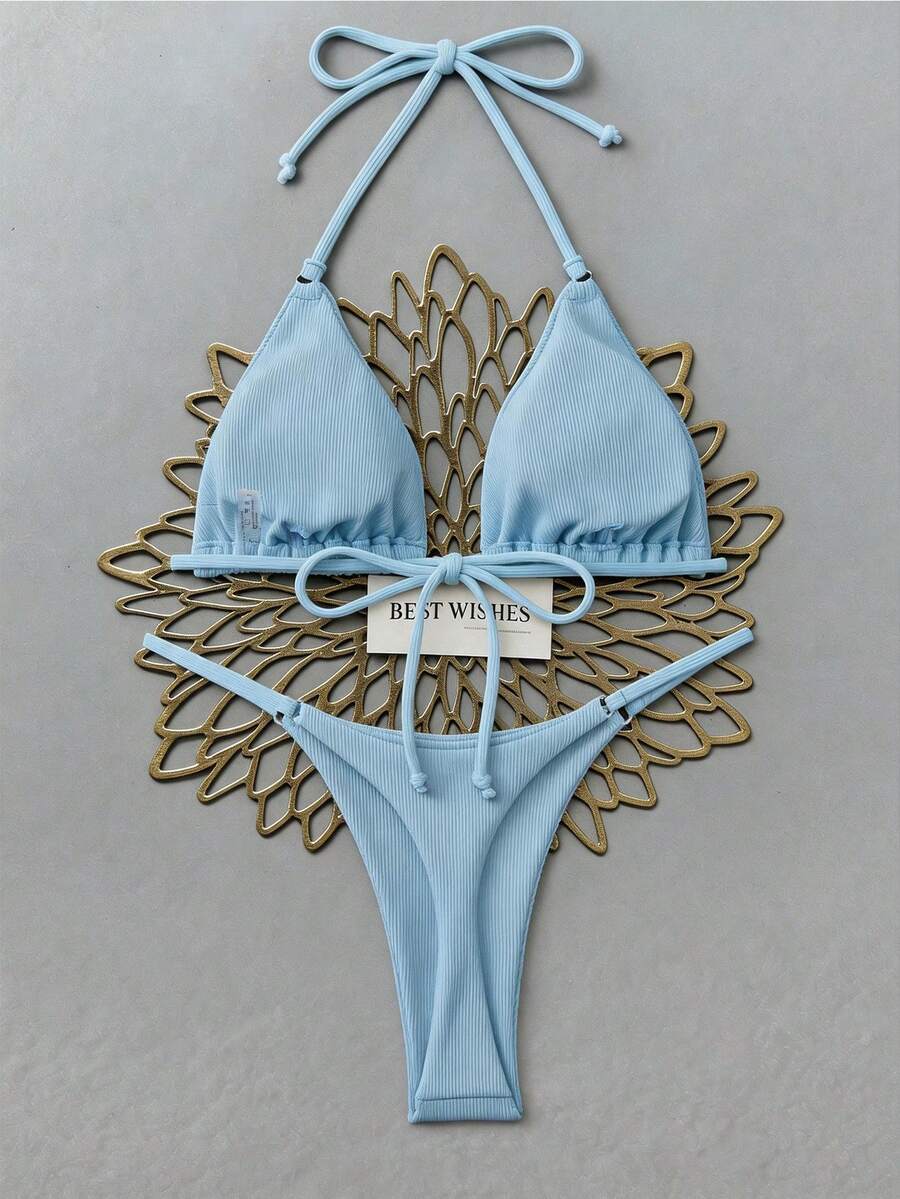 Swim Mod 女士夏季海灘純色肋紋性感比基尼套裝,假期泳裝 - 淺藍色 - 查看 1