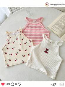 THE HAPPY LOOK Bộ 3 áo hai dây dệt kim mềm mại in hoa cho bé gái. - Màu Hồng baby - Xem 4