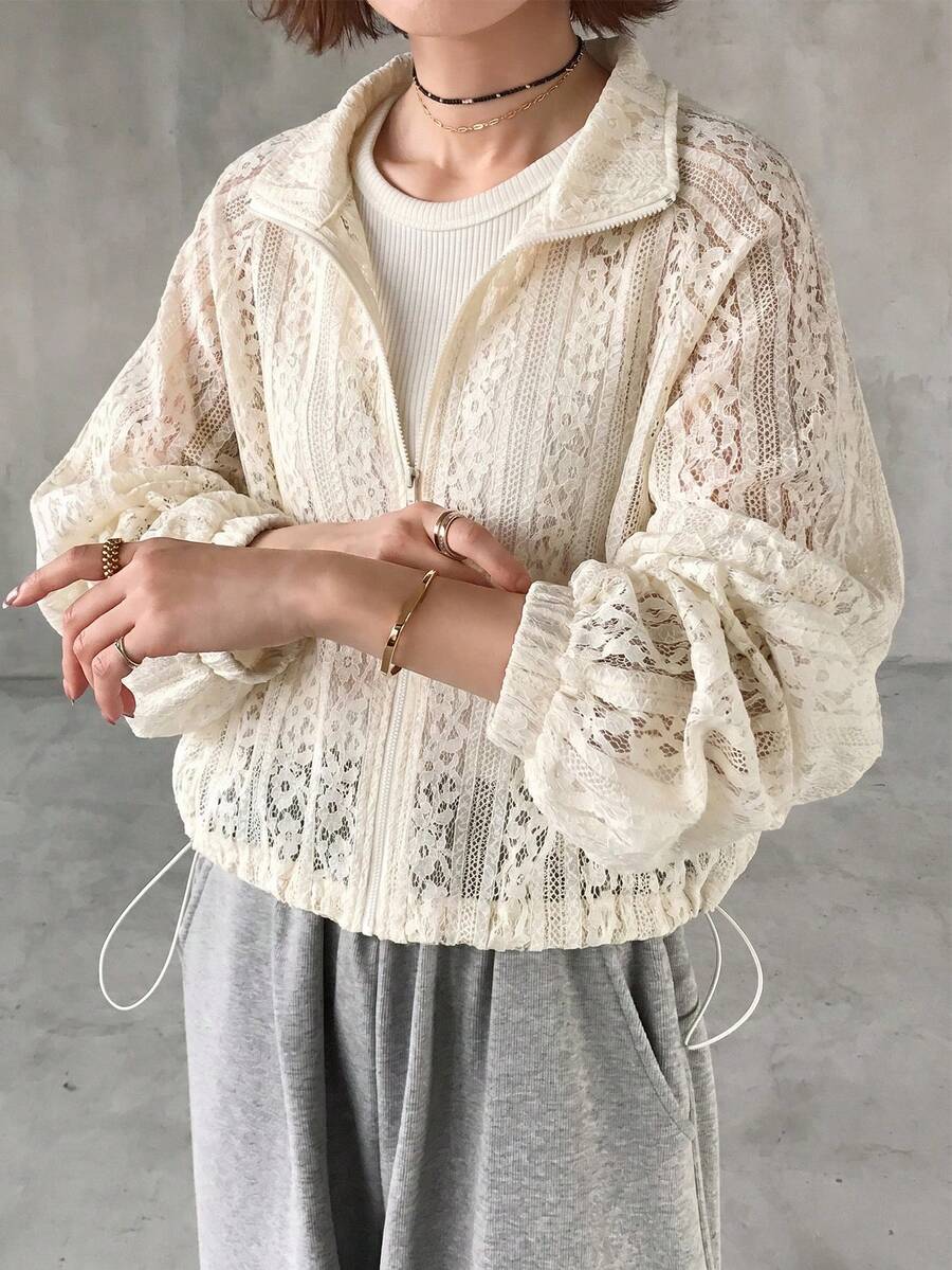 FRIFUL Women's Lace Lantern Sleeve Open Front Loose Jacket - Apricot - View 1