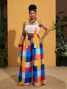 Maweii Mono de talla grande con estampado retro de patchwork para mujeres - Multicolor - Ver 5