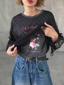 FRIFUL 女款 2 合 1 圓領彩色對比印花裝飾外層植絨波點網紗拼接荷葉邊短袖 T 恤上衣 夏季 - 灰色 - 查看 6