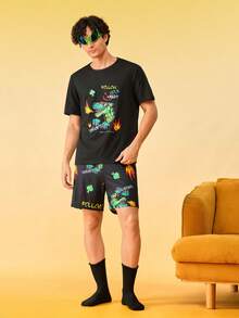 Notgurli Set pigiama uomo con pantaloncini e maglietta a maniche corte con stampa, collo rotondo - Multicolore - Visualizzare 5