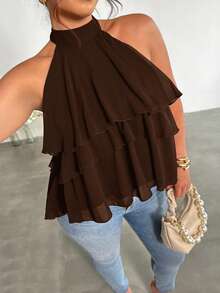 Firerie Blusa de gasa asimétrica con volantes holgada de talla grande - Café integral - Ver 3