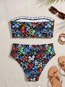 Swim Mod Conjunto de traje de baño con volantes de 2 piezas con estampado floral diminuto, de gran para la playa y el verano - Negro - Ver 7