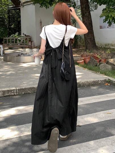 DAZY 女士纯色露背系带休闲中长连衣裙