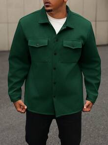 Manfinity Homme Plus Size Men's Solid Color Long Sleeve Wool Shacket - Green - View 3