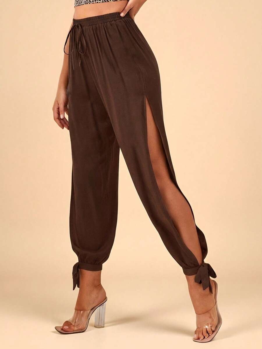 Travachic Split Thigh Knot Hem Solid Pants Spring Summer Clothing - Brown - View 1