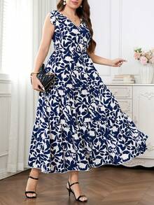 Reflora Plus Size Floral Print V-Neck Ruffle Hem Sleeveless Dress - Multicolor - View 6