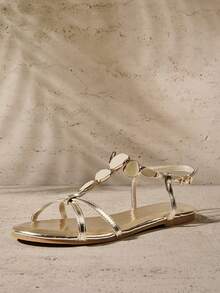 SHUZIA Women's Minimalist Comfortable, Durable, Gemstone Chain Strap Flat Sandals - Gold - View 5