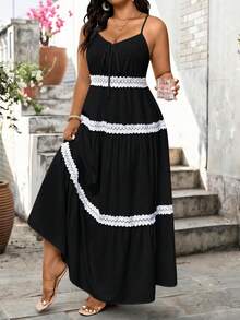 Tall Vestido sin mangas con cuello en V para mujer talla grande, versátil y de moda con ribete de encaje, de alta calidad y estilizador, adecuado para primavera/verano, uso casual y vacaciones - Negro - Ver 3