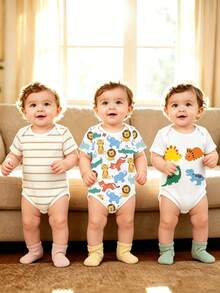 Bộ 3 món áo liền quần cho bé trai họa tiết khủng long và động vật sọc dễ thương, năng động, thích hợp cho các chuyến đi chơi mùa hè. - Màu xanh nhạt - Xem 1