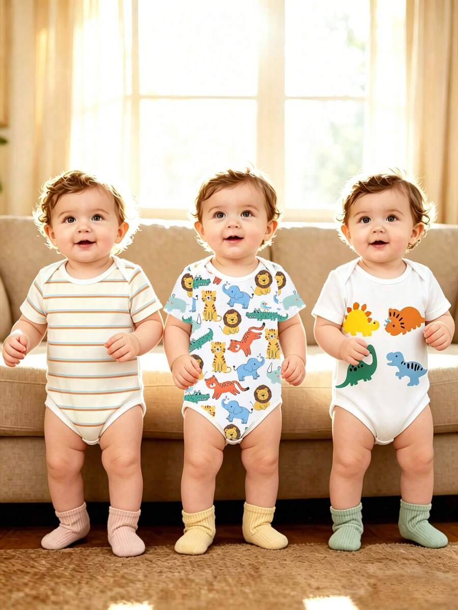 Bộ 3 món áo liền quần cho bé trai họa tiết khủng long và động vật sọc dễ thương, năng động, thích hợp cho các chuyến đi chơi mùa hè. - Màu xanh nhạt - Xem 1