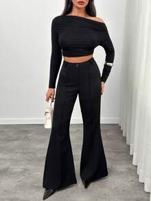 SHEIN Women's Solid Color Fashionable Zipper Button Flare Pants - Black - View 3