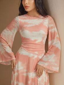 Veilorie Đầm dự tiệc kiểu Ả Rập thanh lịch, xếp ly, cổ tròn, nhuộm tie-dye dành cho nữ. - trái cam - Xem 6